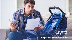  Presentation with father - Theme enhanced with kids wheel chair - young father assembling baby pram background and a  colored foreground
