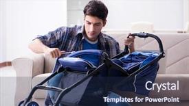  Presentation with father - PPT theme having kids wheel chair - young father assembling baby pram background and a navy blue colored foreground