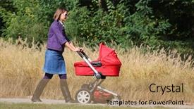  Presentation with park - Cool new presentation design with kids wheel chair - young mother pushing pram backdrop and a coral colored foreground
