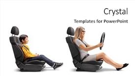  Presentation with car seat - Amazing PPT theme having kids wheel chair - young woman in a car backdrop and a white colored foreground