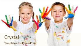  Presentation with kids hand prints paint - PPT theme enhanced with teenager girl with long brown hair in pajama lay on sofa with pillows background and a light blue colored foreground.