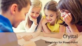  Presentation with elementary school technology - PPT theme with kids with tablet pc computer background and a coral colored foreground