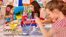  Presentation with teacher - Beautiful slides featuring kids with young beautiful teacher backdrop and a coral colored foreground