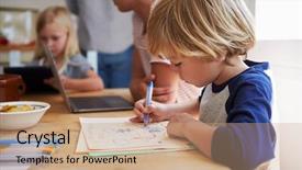  Presentation with working mother - Amazing slide deck having kids working at kitchen table backdrop and a coral colored foreground
