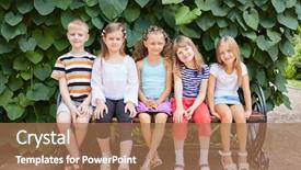  Presentation with working together - PPT theme enhanced with kids working together - five children friends sit background and a  colored foreground