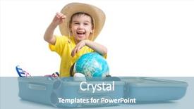  Presentation with kid happy birthday - Cool new theme with kids world - happy kid sitting in suitcase backdrop and a light blue colored foreground