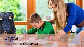  Presentation with school - Cool new PPT layouts with kids writing - mother helping son with school backdrop and a  colored foreground