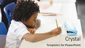  Presentation with homework - PPT theme enhanced with kids writing - school boy doing homework background and a coral colored foreground