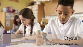  Presentation with school kids - PPT layouts enhanced with kids writing - two primary school pupils background and a mint green colored foreground