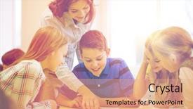  Presentation with school elementary - Colorful presentation design enhanced with kids writing test in classroom backdrop and a coral colored foreground