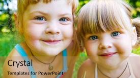  Presentation with two cute sisters playing - Presentation theme having kidspeace - portrait of two cute smiling background and a  colored foreground
