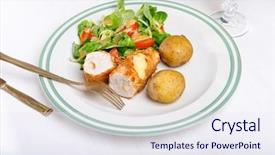  Presentation with salad - Presentation theme consisting of kiev cutlet with jacket potatoes and salad background and a sky blue colored foreground