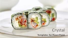  Presentation with philadelphia - PPT theme consisting of kimasu rolls with shrimp eel avocado tobiko caviar and philadelphia cheese served on white flat plate asian menu for gourmets in luxury restaurant background and a soft green colored foreground