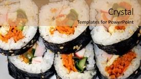  Presentation with korean food - PPT theme enhanced with kimbap - korean food gimbap close-up background and a coral colored foreground