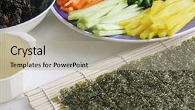  Presentation with korean - Audience pleasing presentation theme consisting of kimbap - korean sushi ingredients to prepare backdrop and a mint green colored foreground
