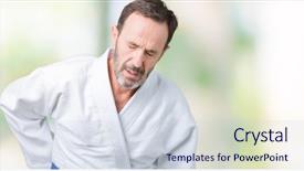  Presentation with back pain - Audience pleasing slides consisting of medical helt - handsome middle age senior man backdrop and a  colored foreground