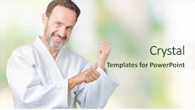  Presentation with kimono - Cool new presentation theme with handsome middle age senior man wearing kimono uniform over isolated background pointing to the back behind with hand and thumbs up smiling confident backdrop and a soft green colored foreground
