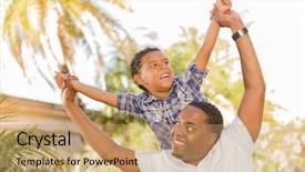  Presentation with race - Audience pleasing slides consisting of kin - happy mixed race father backdrop and a coral colored foreground