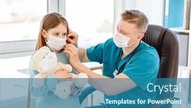  Presentation with clinic - Amazing slide deck having kind-doctor-putting-medical-mask backdrop and a ocean colored foreground