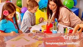  Presentation with children painting - PPT theme having kindergarden - children with teacher woman painting background and a coral colored foreground