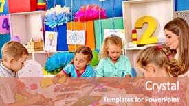  Presentation with kids - Slide deck having kindergarden - group kids holding colored paper background and a coral colored foreground