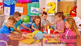  Presentation with glue - PPT theme with kindergarden - group kids learning and holding background and a red colored foreground