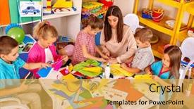  Presentation with children painting - Slide set consisting of kindergarden - group of children with teacher background and a yellow colored foreground