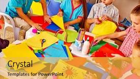  Presentation with kindergarten - PPT layouts having kindergarden - large group kids holding colored background and a yellow colored foreground