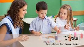  Presentation with children painting - Slide set consisting of kindergarden - teacher with little children painting background and a coral colored foreground
