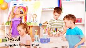  Presentation with school kids - Slides consisting of kindergarten kids - group child painting at easel background and a lemonade colored foreground