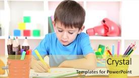  Presentation with album - Cool new slide deck with kindergarten learning - cute little boy drawing backdrop and a yellow colored foreground