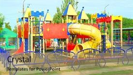  Presentation with cartoon children dance - Cool new slide deck with kindergarten slides - colorful children playground in park backdrop and a  colored foreground