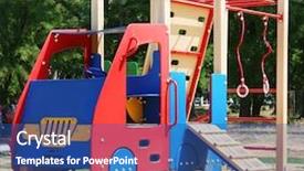  Presentation with children of color - PPT theme with kindergarten slides - empty children playground in park background and a ocean colored foreground