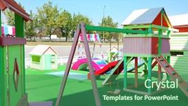  Presentation with playground - Cool new slide deck with kindergarten slides - empty children playground outdoors backdrop and a ocean colored foreground