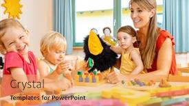  Presentation with children playing - Audience pleasing slide deck consisting of kindergartener-woman-with-children-playing backdrop and a yellow colored foreground