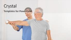  Presentation with physiotherapist - Cool new PPT theme with kinesiotherapy - physiotherapist working with senior patient backdrop and a light gray colored foreground