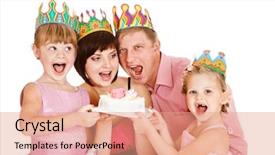  Presentation with cake - Amazing slide set having king birthday - cheerful family holding cake isolated backdrop and a  colored foreground