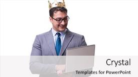  Presentation with king - Presentation design having king businessman holding a laptop background and a white colored foreground