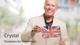  Presentation with united kingdom constitutional law - Audience pleasing PPT layouts consisting of kingdoms life - businessman showing united kingdom flag backdrop and a  colored foreground