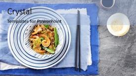  Presentation with noodles - Presentation theme featuring kingprawn with rice noodles and vegetable in bowl background and a light blue colored foreground