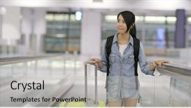  Presentation with kiosk - Beautiful presentation theme featuring kiosk - woman go travel and carry backdrop and a light gray colored foreground