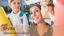  Presentation with displaying a happy mother cudd - Audience pleasing PPT theme consisting of kissed by daughter on enrollment backdrop and a yellow colored foreground