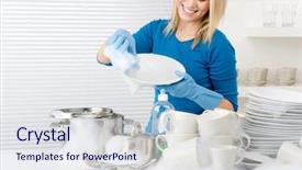  Presentation with kitchen - Cool new PPT theme with kitchen - happy woman washing dishes backdrop and a sky blue colored foreground