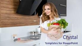  Presentation with healthy food - Cool new PPT layouts with kitchen and holding the packet backdrop and a sky blue colored foreground