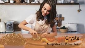  Presentation with apron - Presentation design featuring kitchen at home chopping veggie background and a coral colored foreground
