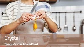  Presentation with business woman standing on maze - Colorful slide set enhanced with kitchen at home mixing egg backdrop and a coral colored foreground