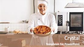  Presentation with muffin - Slide deck having muffin cake recipe - image of satisfied woman chef background and a coral colored foreground