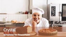  Presentation with chef - Cool new slide deck with muffin cake recipe - image of positive woman chef backdrop and a red colored foreground