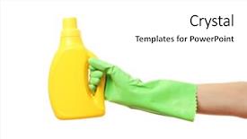  Presentation with bottle - PPT theme featuring kitchen bath products - female hand holding detergent bottle background and a white colored foreground