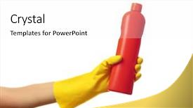  Presentation with hand holding puzzle piece - PPT theme with kitchen bath products - female hand holding detergent bottle background and a  colored foreground